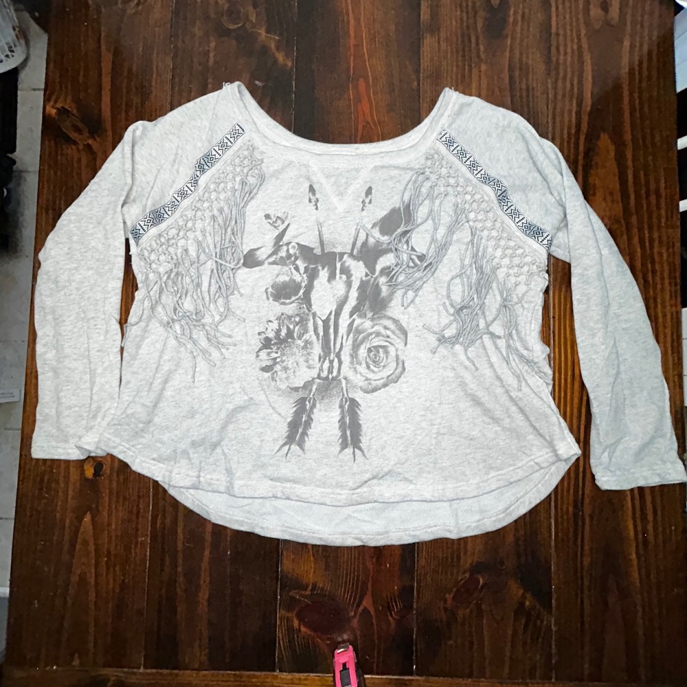 Shyanne Western Cow Skull Fringe Top Large Grey Long Sleeve Graphic Boho WH16K15